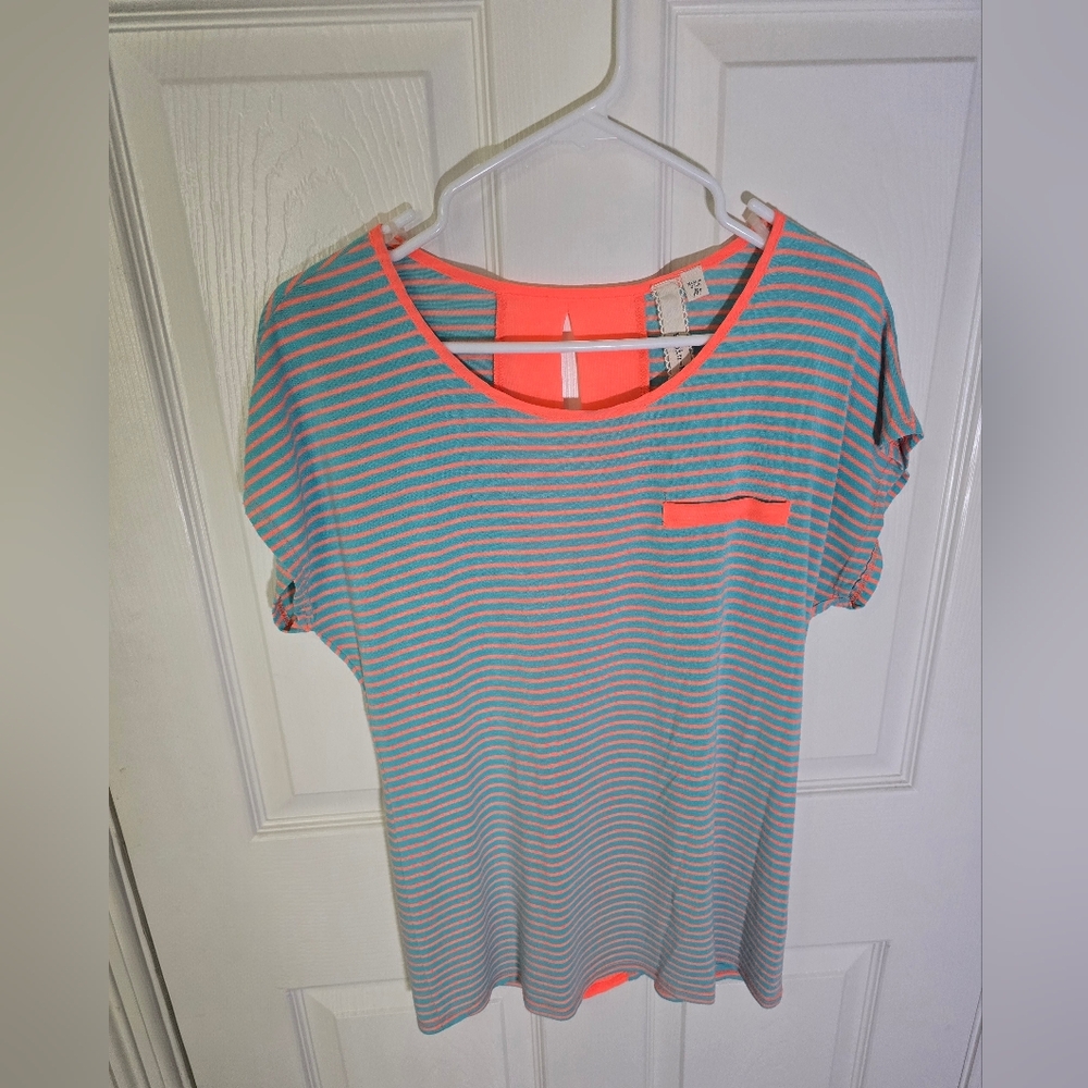 Robin K Womens Striped Open Back Blouse Medium